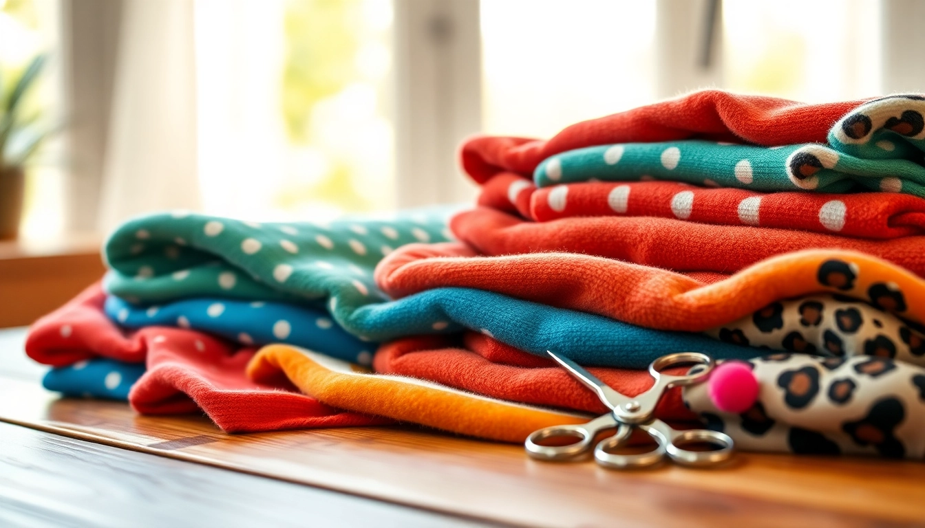 Fleece stoffen met kleurrijke patronen en texturen op een houten tafel