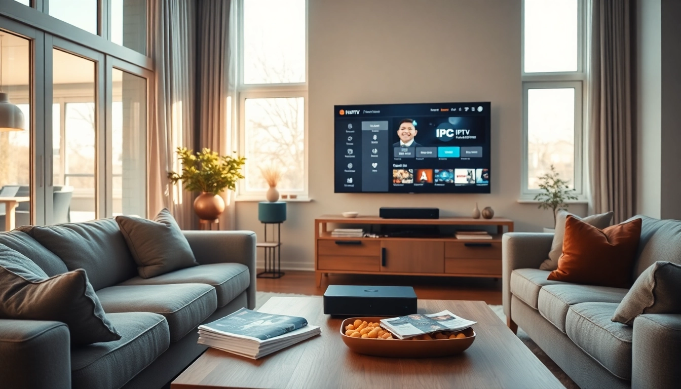 Regardez IPTV abonnement 12 mois sur un téléviseur moderne dans un coin salon convivial.