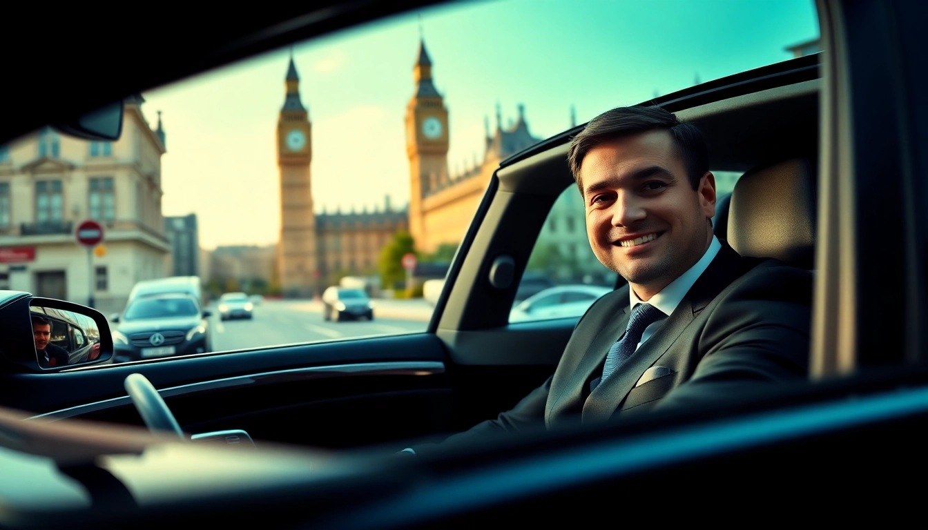 Experience luxury and elegance with chauffeur service london in a premium vehicle against London's backdrop.