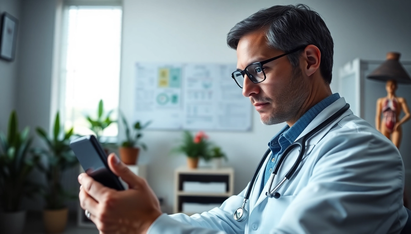 Doctor engaging with eprescribing software for doctors on a tablet in a healthcare office.