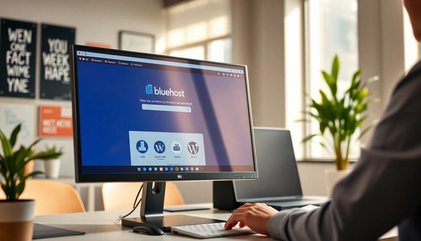 Manage your website seamlessly with Bluehost on a modern desktop setup in a professional environment.